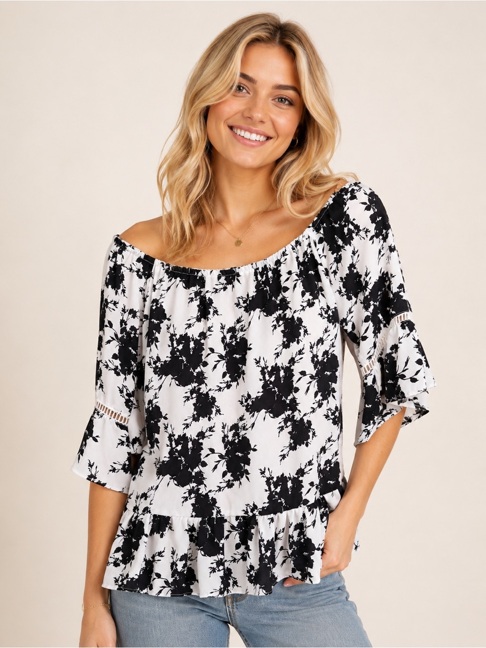 Liberty Love Black & White Floral Off-Shoulder Ruffle Hem Top